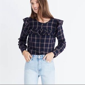 Madewell Blue Plaid Cotton Ruffle Yoke Blouse Long Sleeve Top Size Small